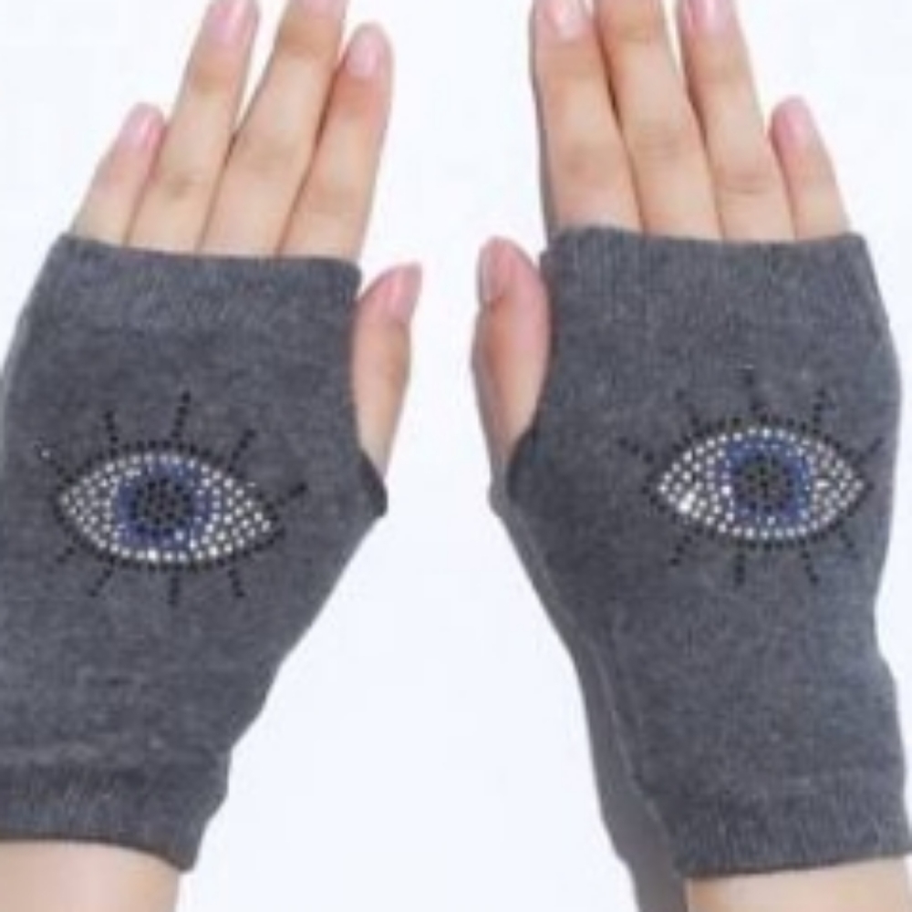 Evil Eye Fingerless Gloves Gray Grey Blue Silver Black Crystal Rhinestone Studs - Picture 5 of 8